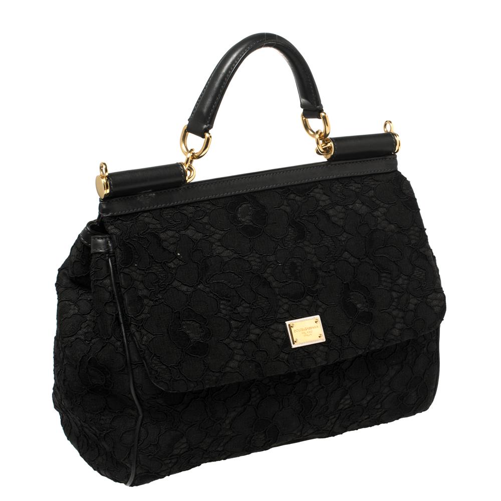 Women's Dolce & Gabbana Black Lace Large Miss Sicily Top Handle Bag