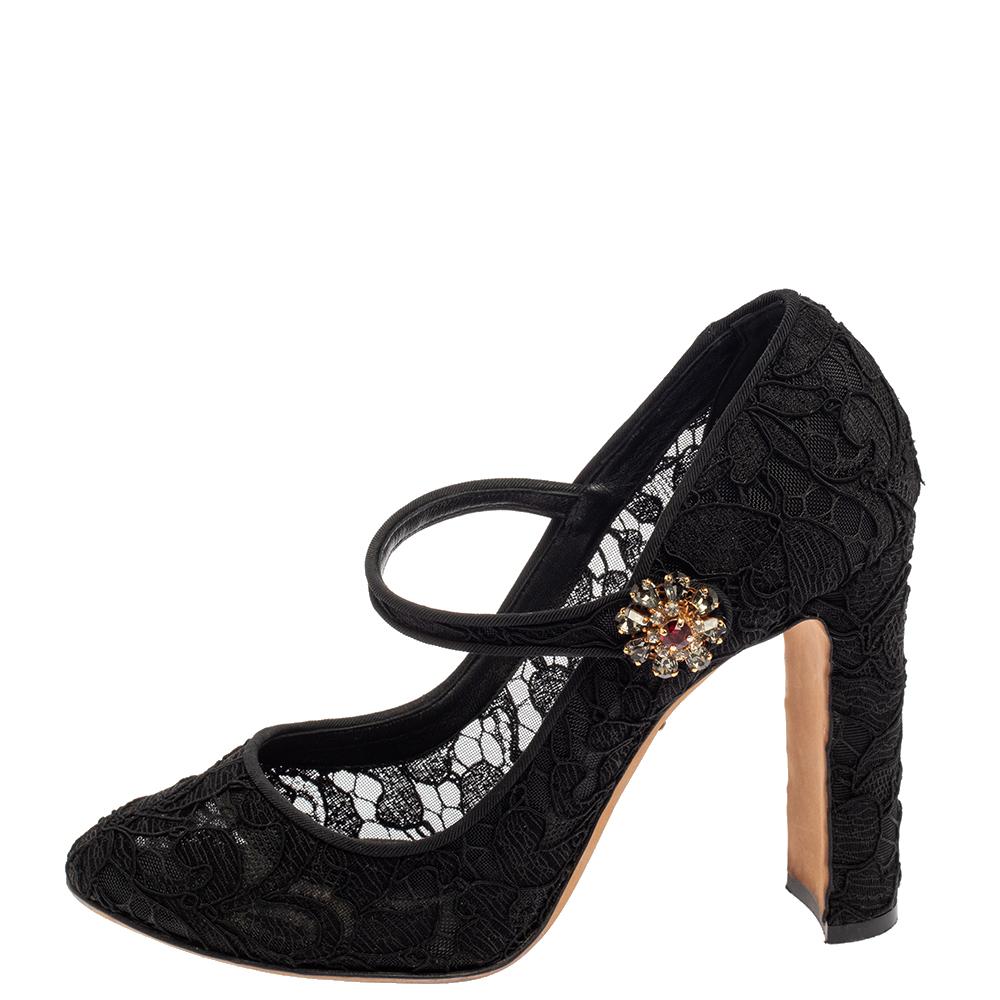 These pumps from Dolce & Gabbana are mesmerizing. They are covered in black lace and designed in a mary jane style with an embellished buckle on the ankle strap. The pumps also feature round toes and block heels.

Includes:Original Dustbag, Original