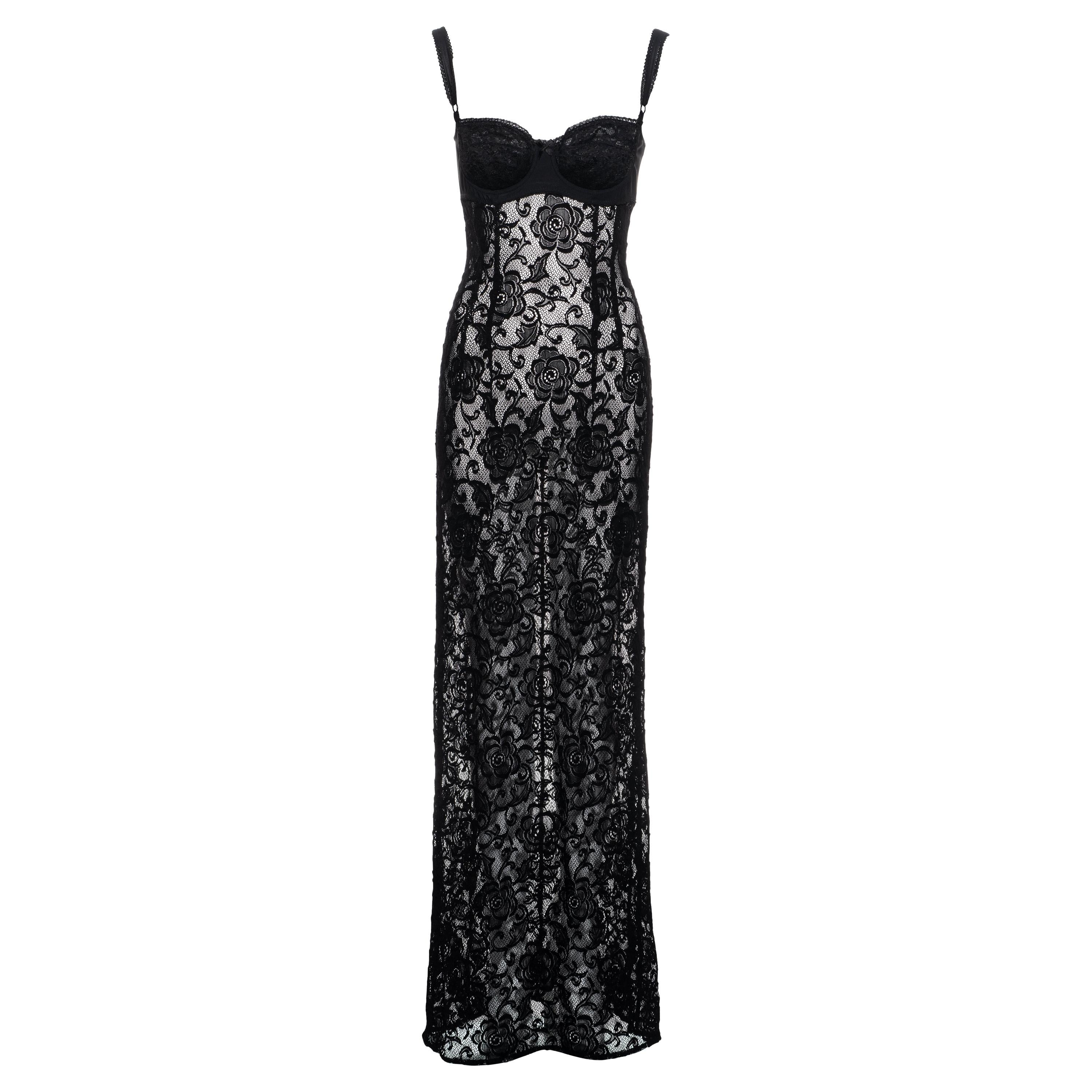 Dolce & Gabbana black lace maxi dress with attached bra, ss 1997