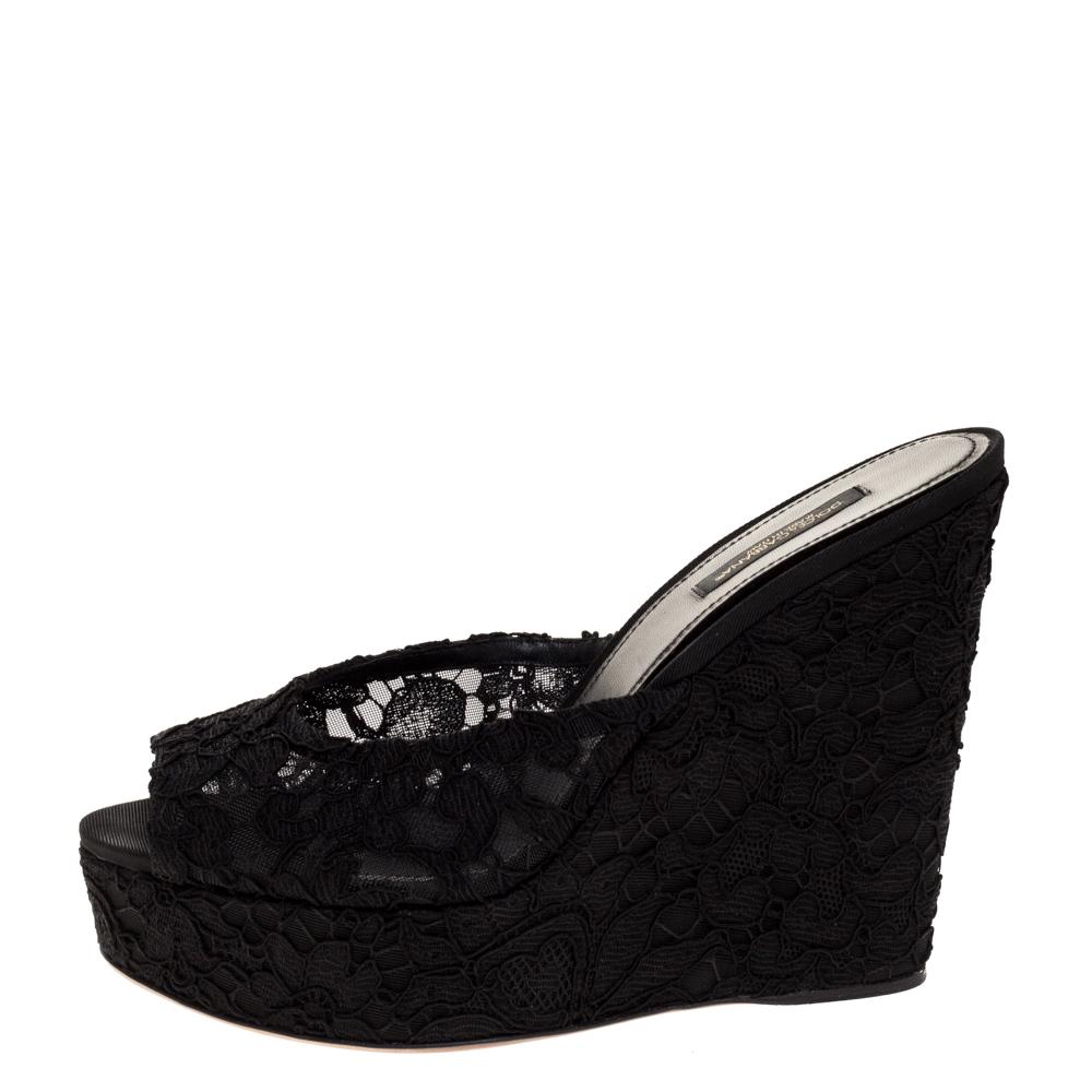 Dolce & Gabbana Black Lace Platform Wedge Sandals Sizes 38 1