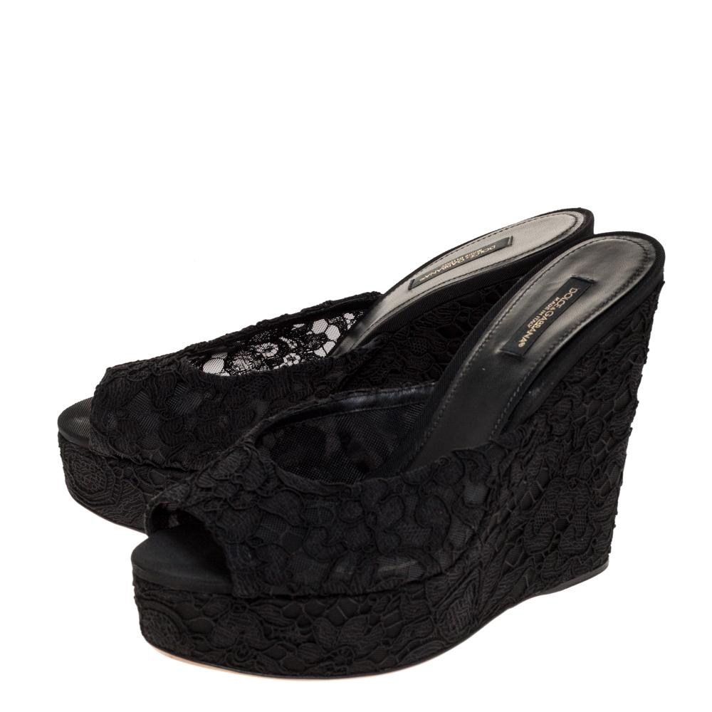 Dolce & Gabbana Black Lace Platform Wedge Sandals Sizes 38 2