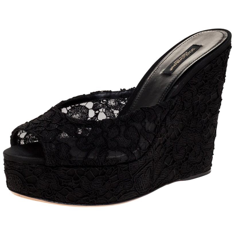 Dolce & Gabbana Black Lace Platform Wedge Sandals Sizes 38