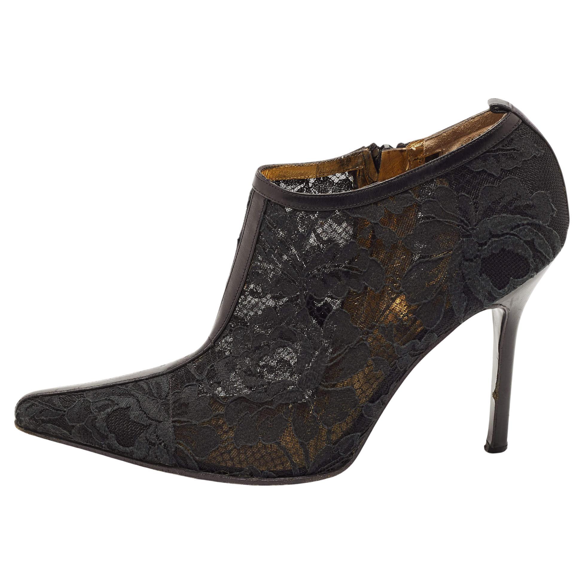 Dolce & Gabbana Black Lace Pointed Toe Ankle Boots Size 38 For Sale