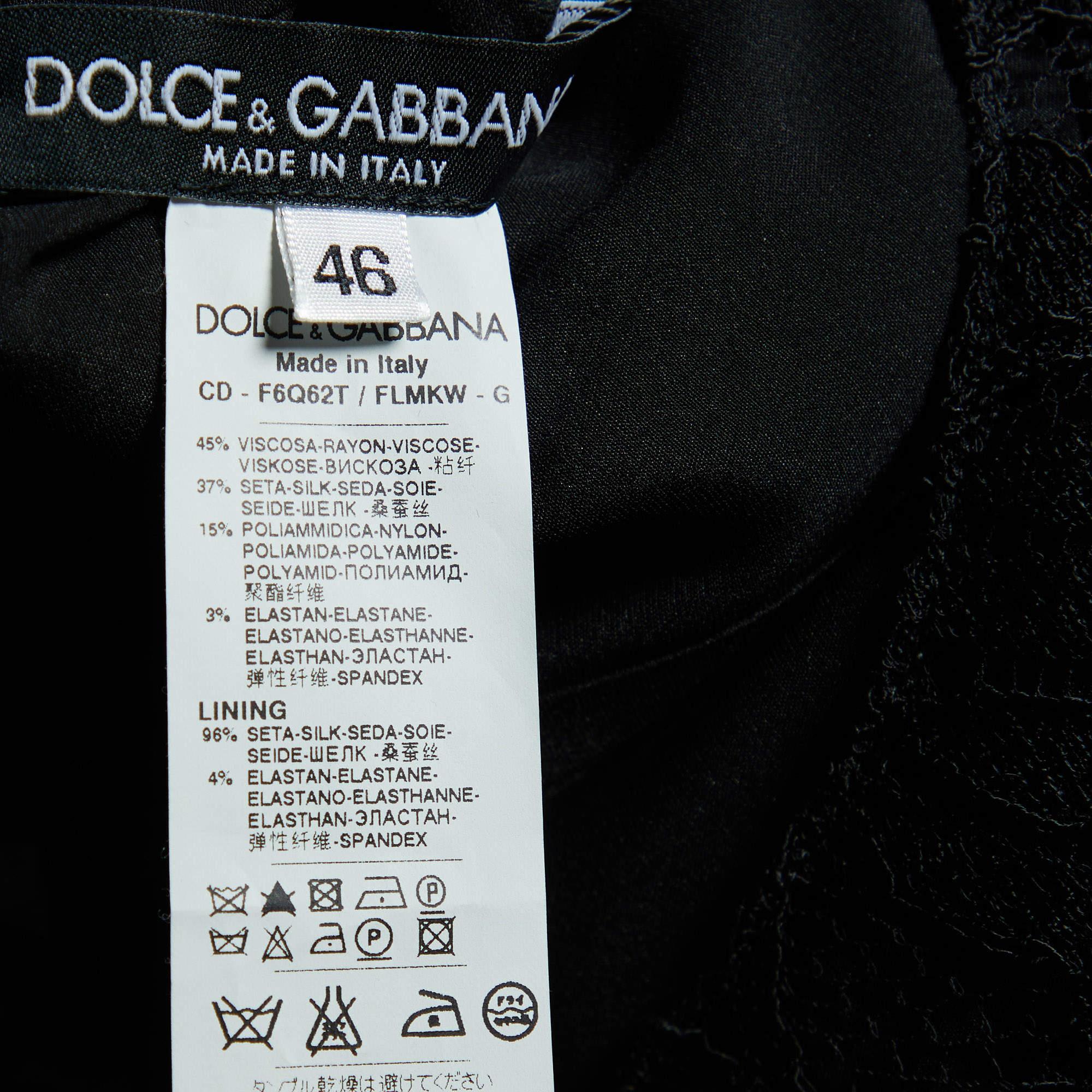 Dolce & Gabbana Schwarzes Midikleid aus bedruckter Seide mit Spitze und gepunkteten Punkten, L Damen