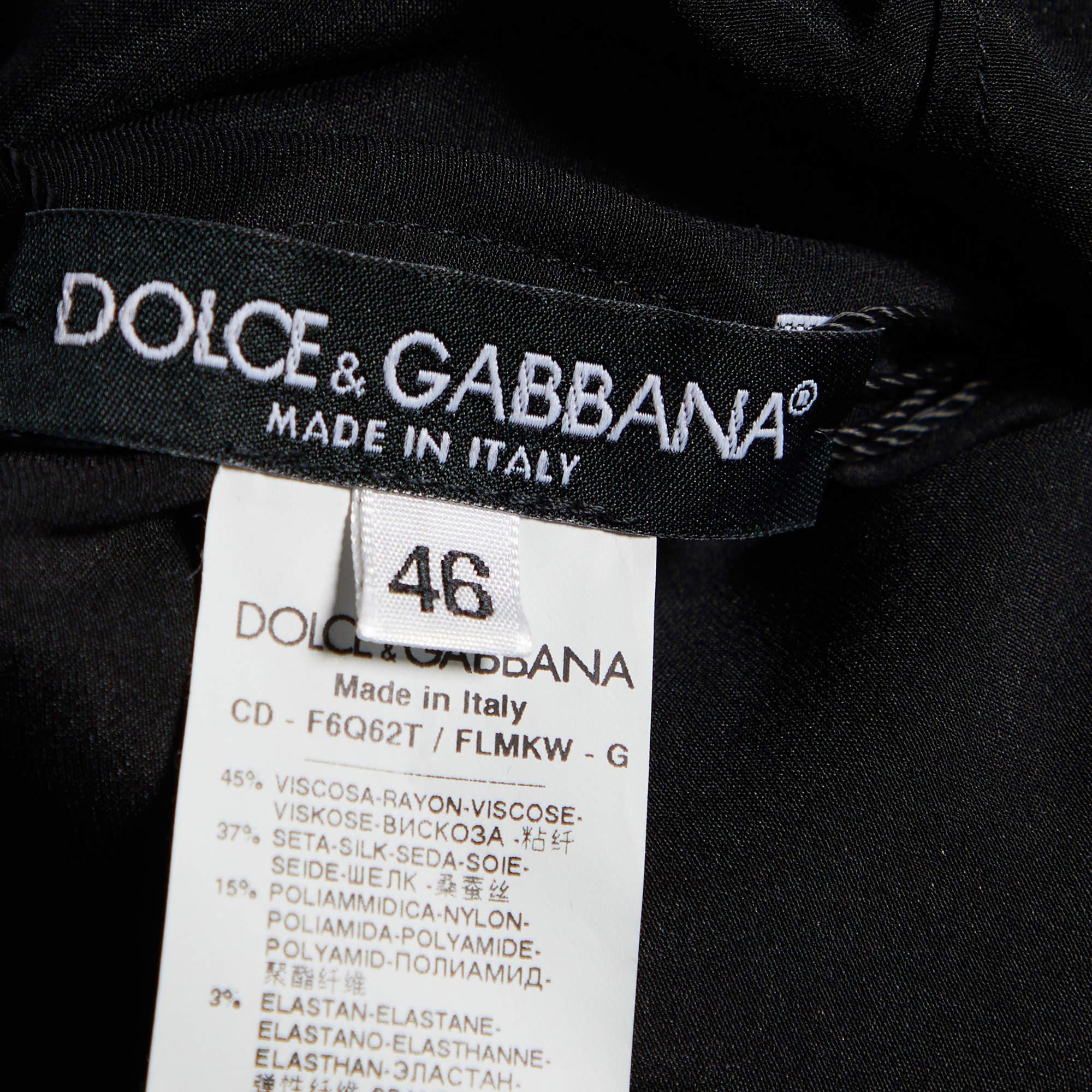 Dolce & Gabbana Schwarzes Midikleid aus bedruckter Seide mit Spitze und gepunkteten Punkten, L 1