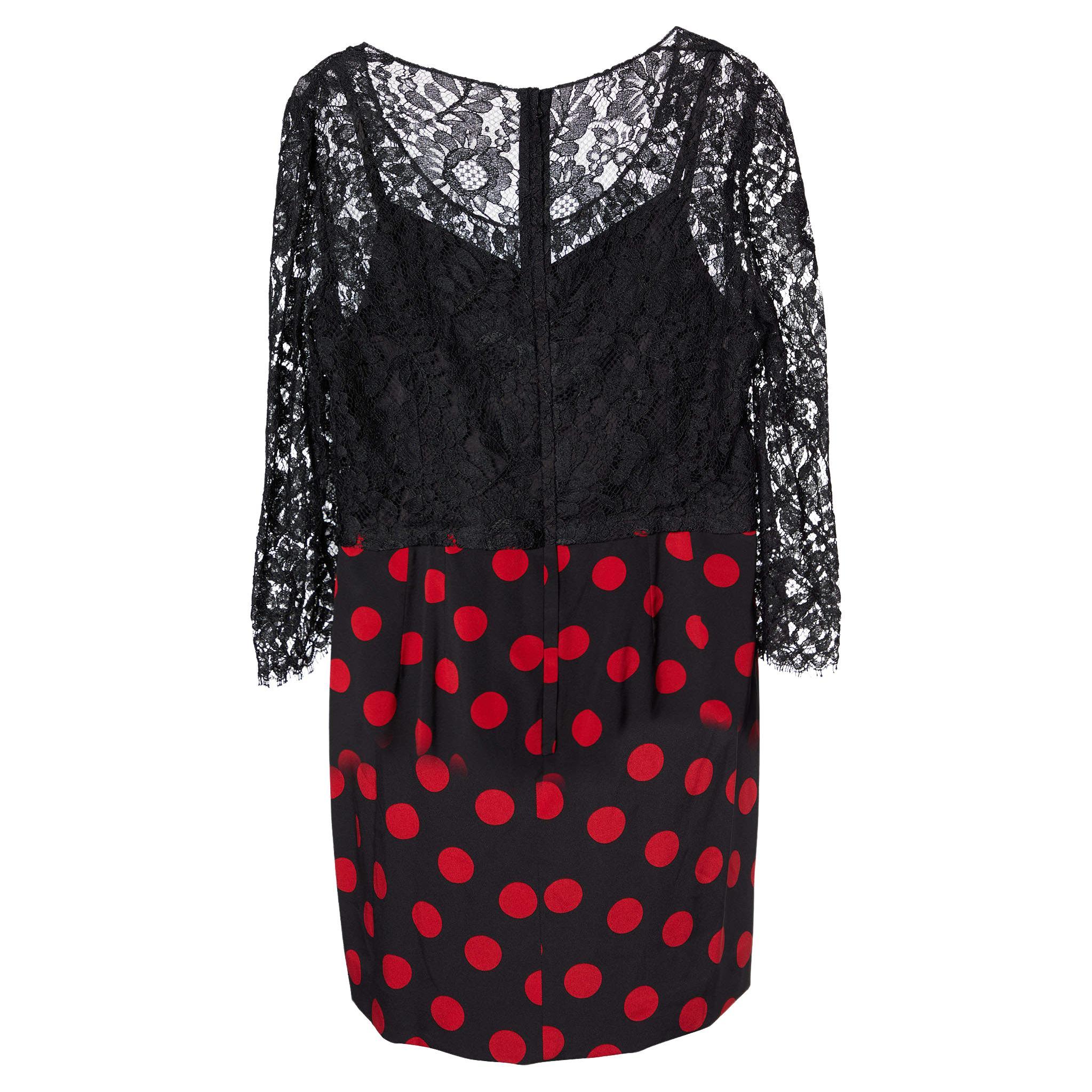 Dolce & Gabbana Black Lace & Polka Dot Printed Silk Midi Dress L