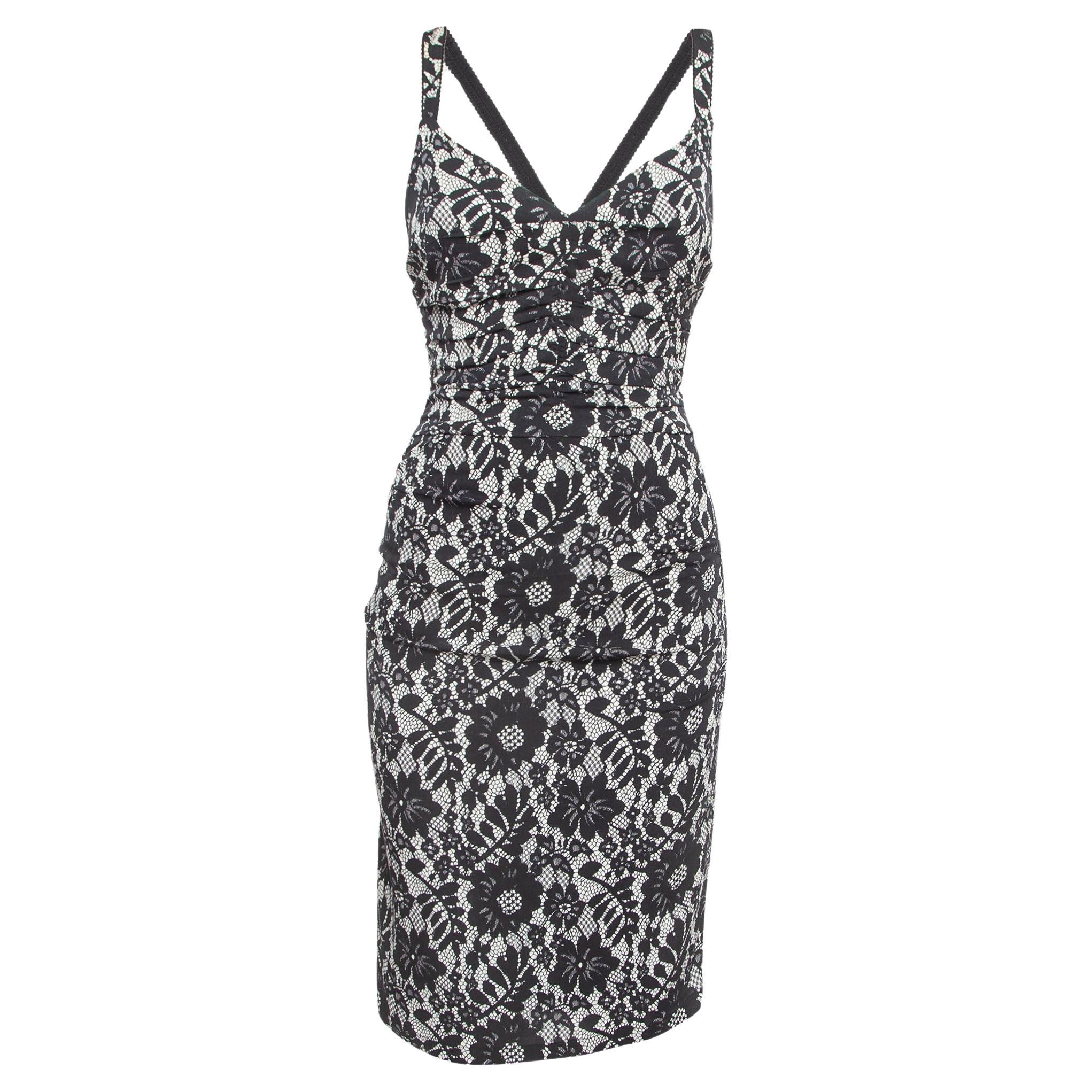 Dolce & Gabbana Black Lace Print Jersey Ruched Midi Dress S For Sale