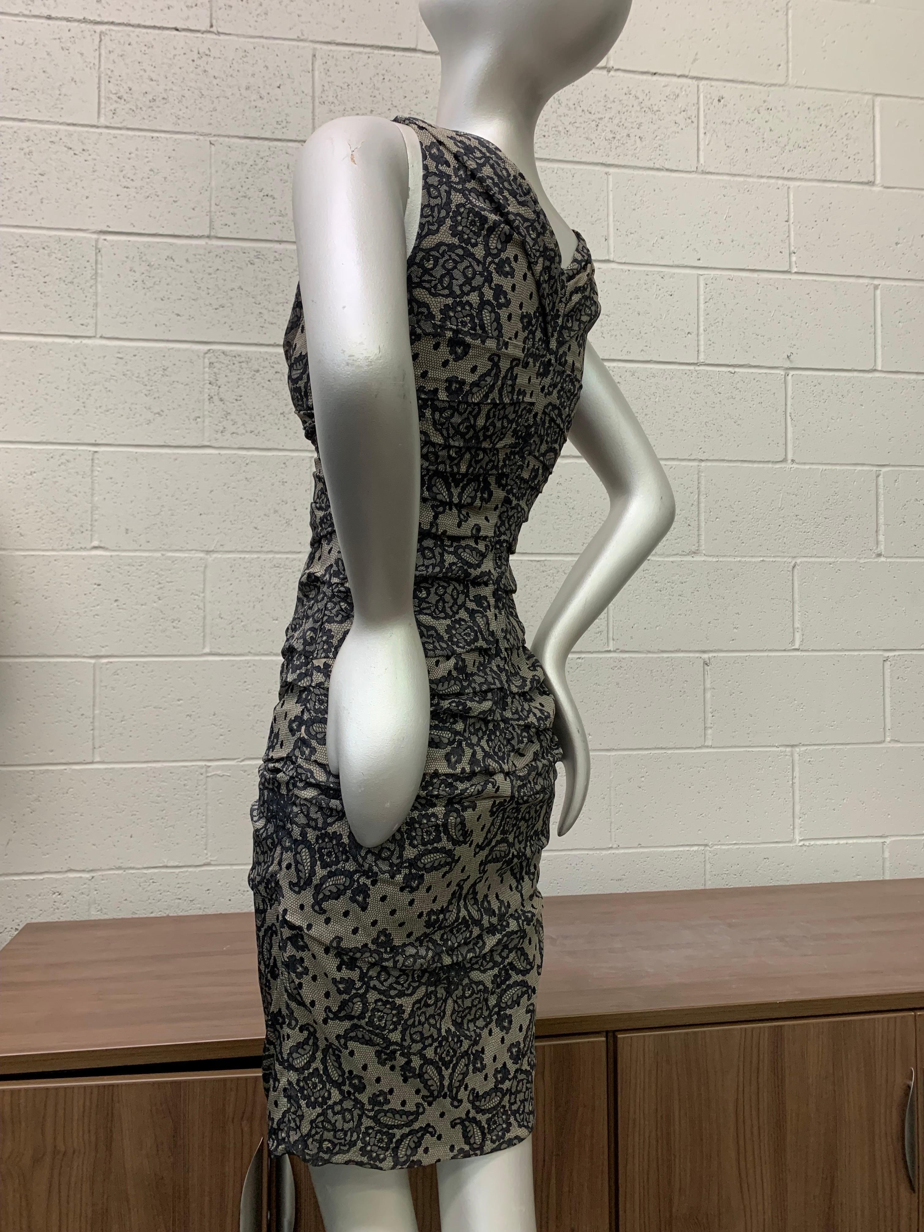 Dolce & Gabbana Black Lace-Print Ruched Silk Sheath Dress In Excellent Condition For Sale In Gresham, OR