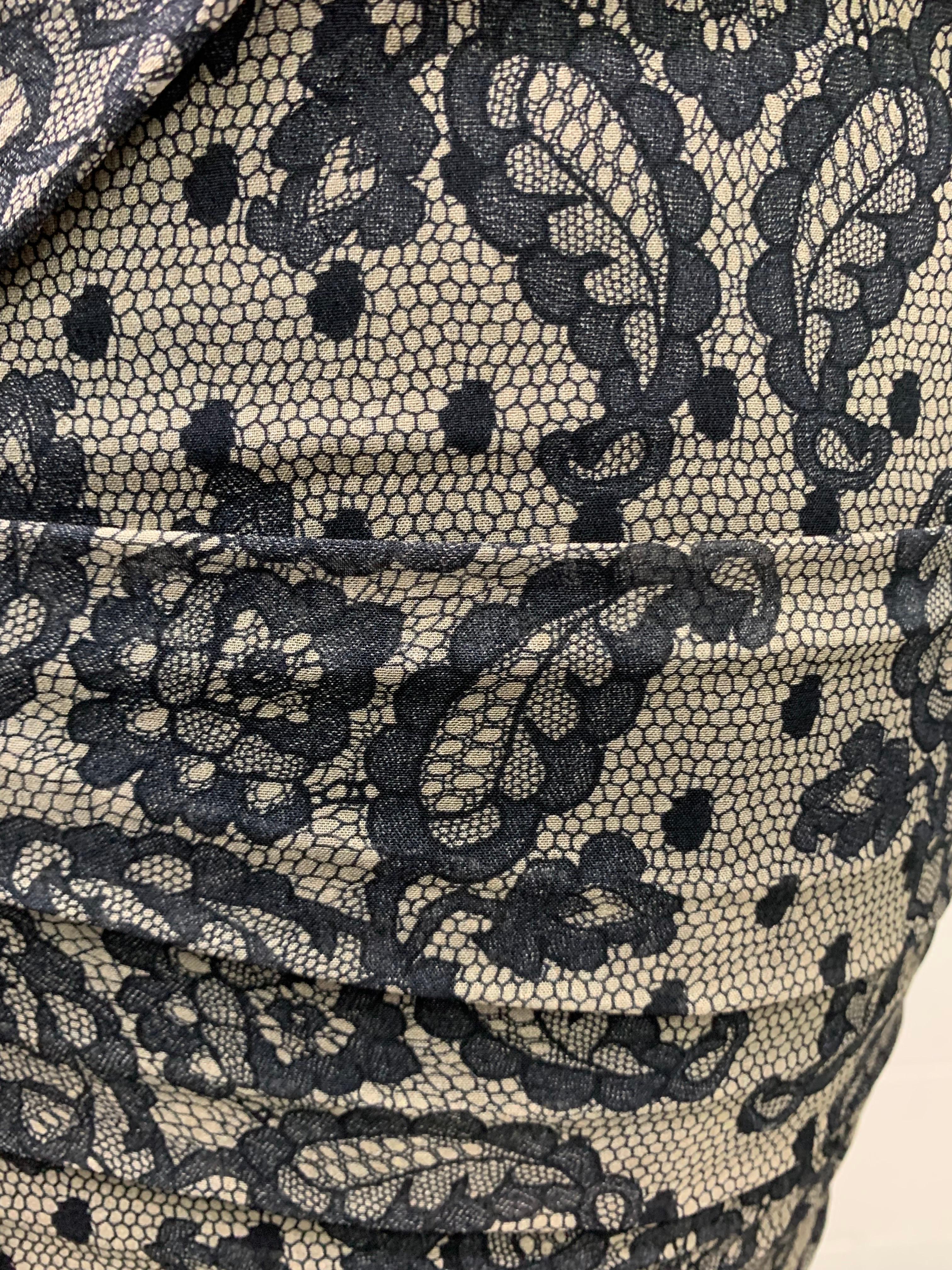 Dolce & Gabbana Black Lace-Print Ruched Silk Sheath Dress For Sale 1