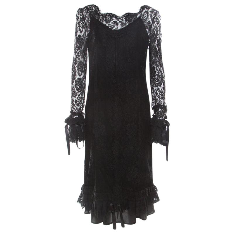 Dolce & Gabbana Black Lace Ruffle Sleeve and Hem Detail Midi Dress M
