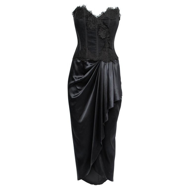 Dolce and Gabbana Black Lace and Satin Draped Asymmetric Corset Dress M ...