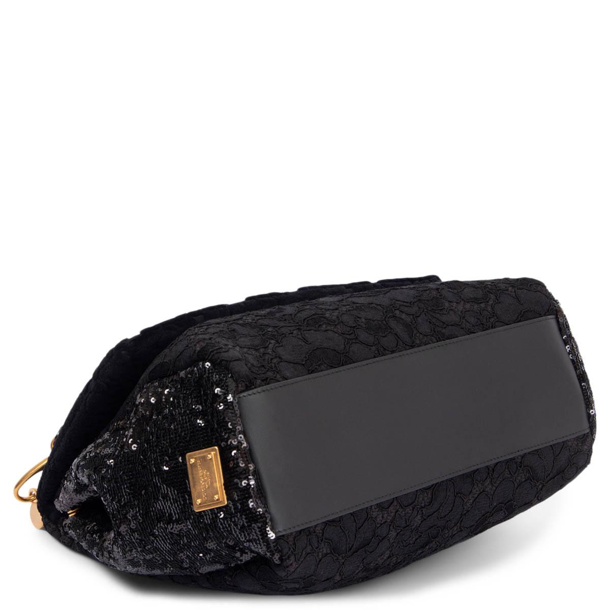 DOLCE & GABBANA black LACE & SEQUIN MISS SICILY LARGE Shoulder Bag In Excellent Condition For Sale In Zürich, CH