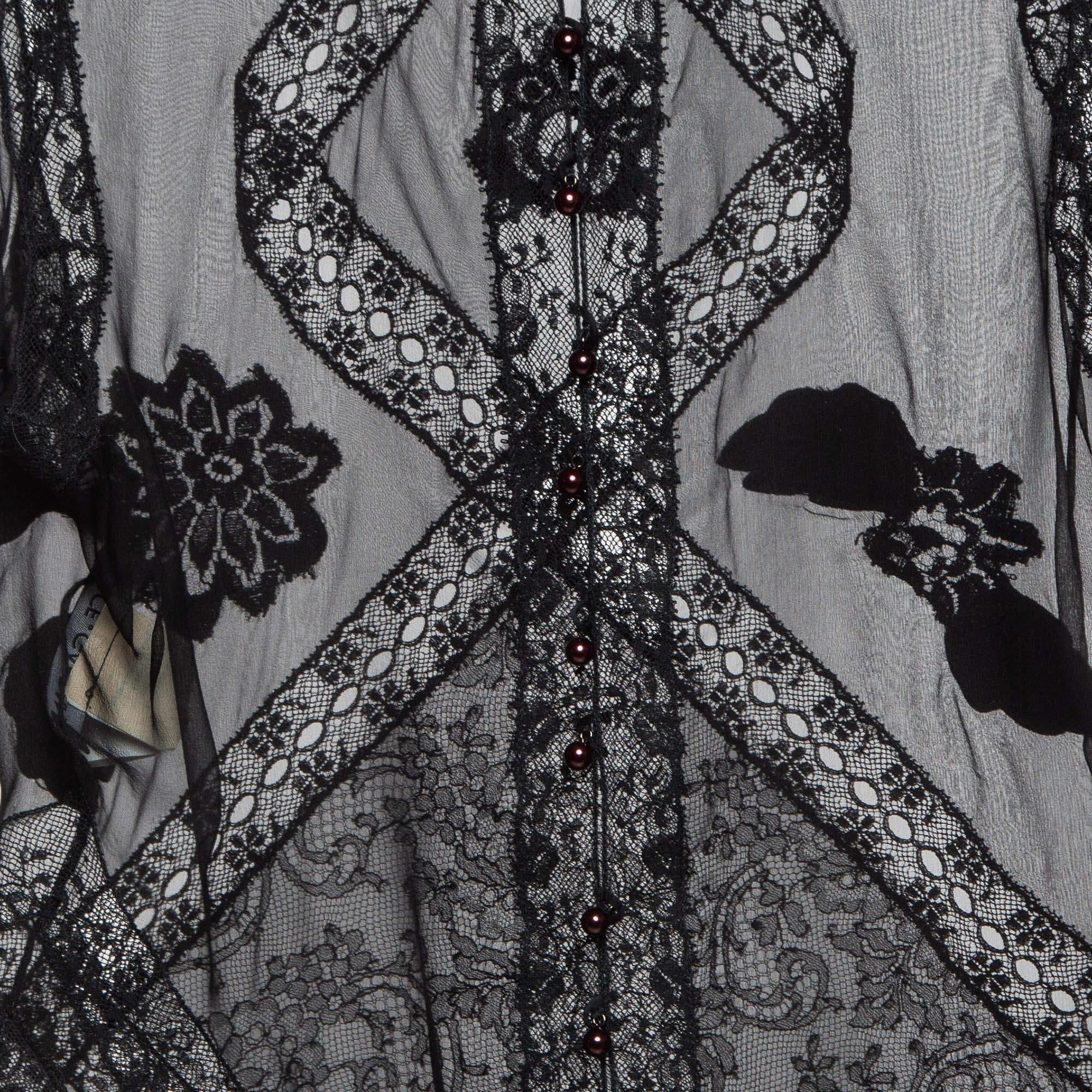 Dolce & Gabbana Black Lace Trim Silk Applique Detail Sheer Top M In Good Condition In Dubai, Al Qouz 2
