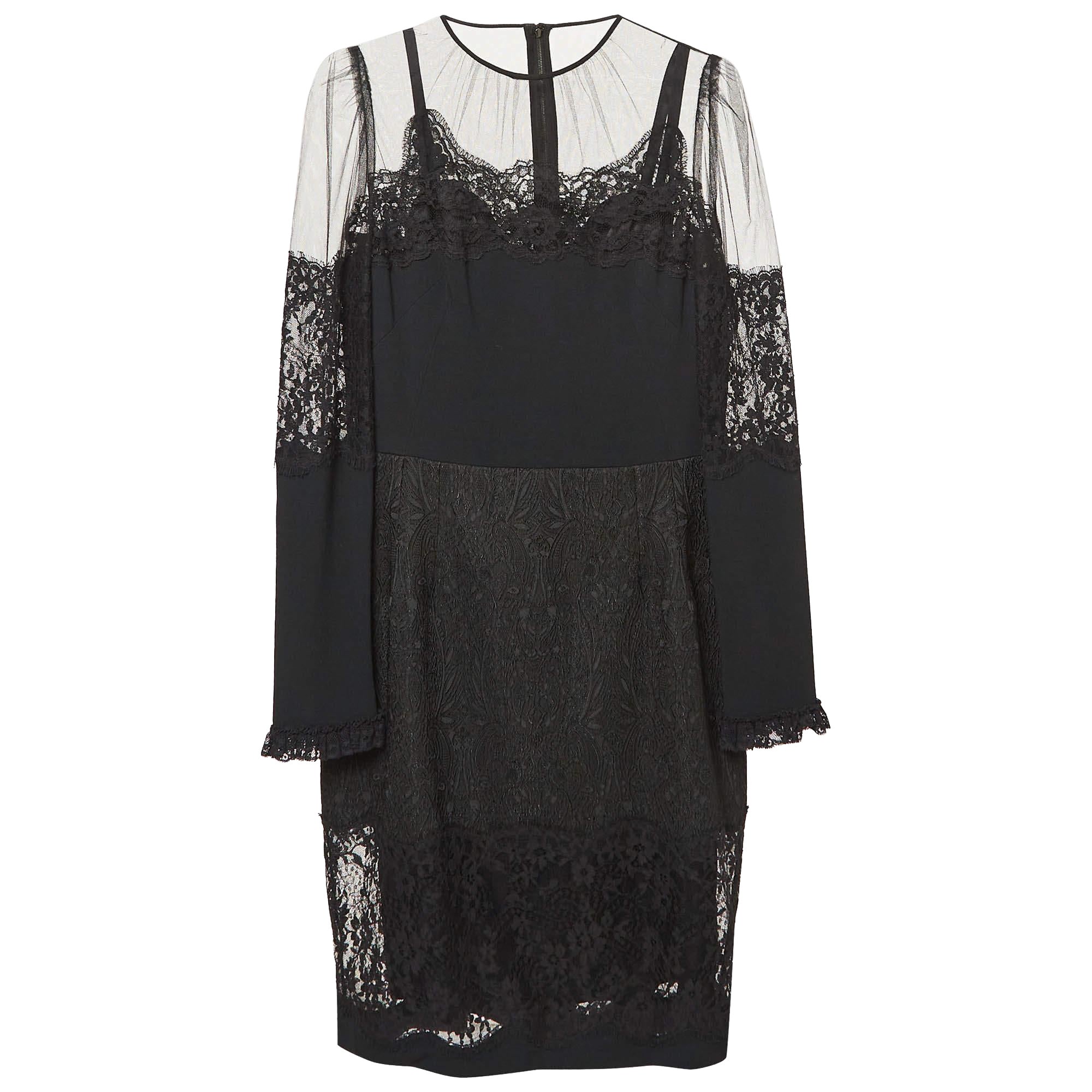 Dolce & Gabbana Black Lace Trim Tulle and Jacquard Midi Dress M