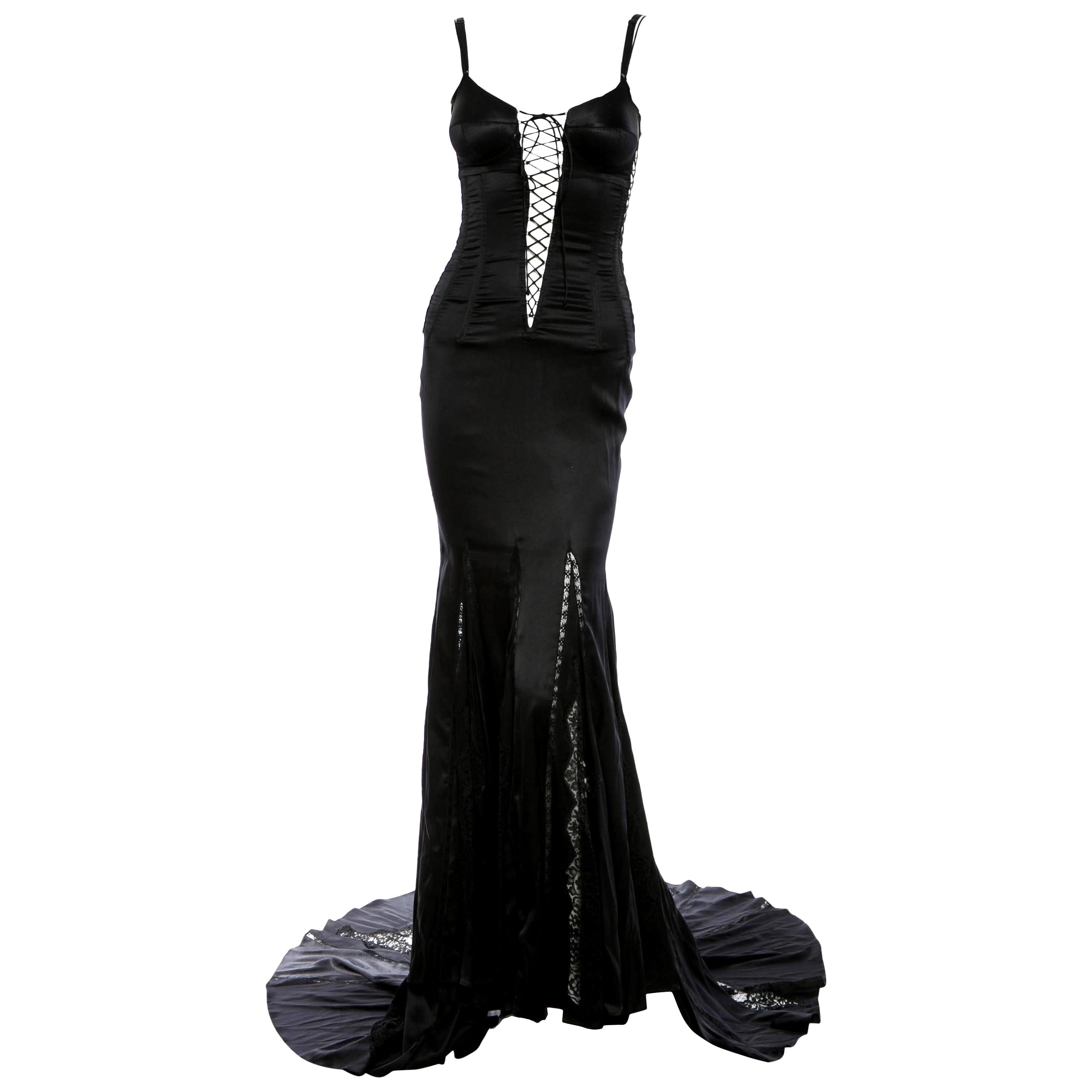 Dolce & Gabbana Black Lace Up Bond Girl Silk Evening Dress Gown