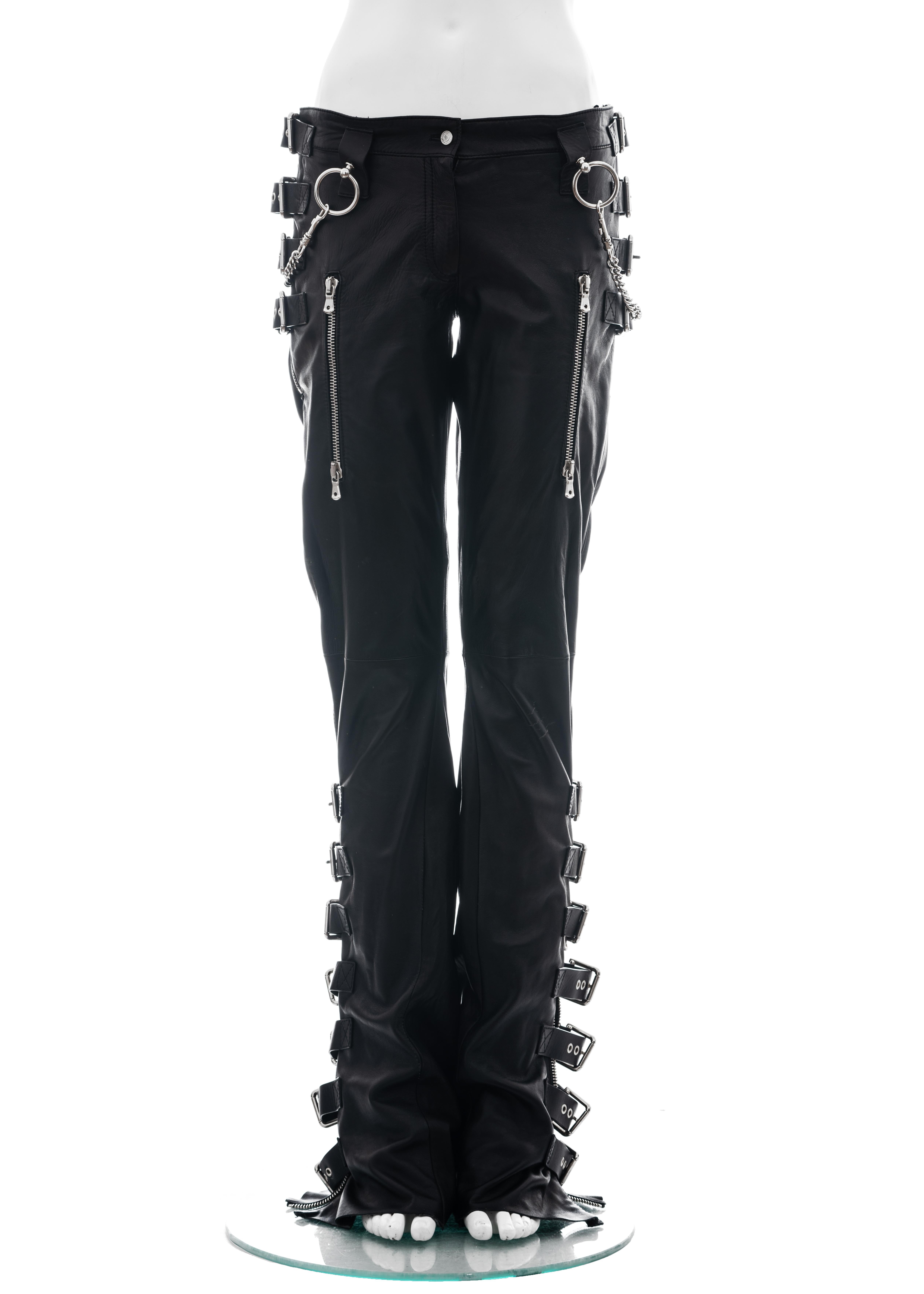 Black Dolce & Gabbana black lambskin leather pants with buckles and chains, ss 2003