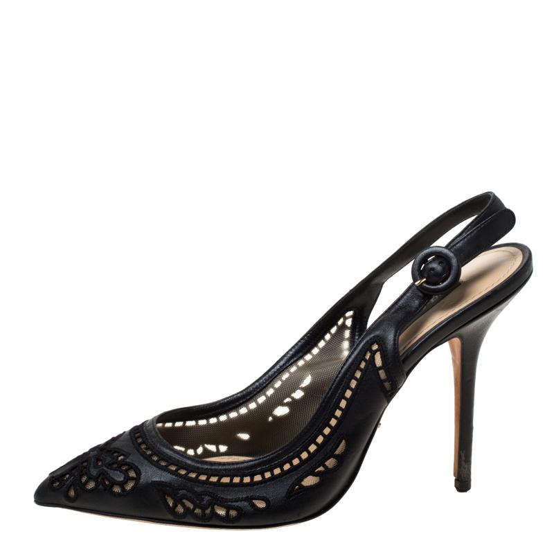 De las mujeres Dolce & Gabbana Sandalias negras de piel y encaje anglaise tamaño 39