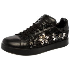 Dolce & Gabbana Black Leather And Lace Crystal Embellished Low Size 39