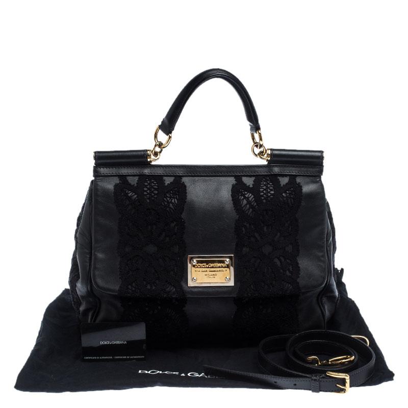 Dolce & Gabbana Black Leather and Lace Medium Soft Miss Sicily Top Handle Bag 7