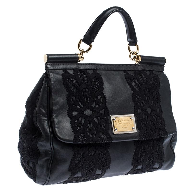 Women's Dolce & Gabbana Black Leather and Lace Medium Soft Miss Sicily Top Handle Bag