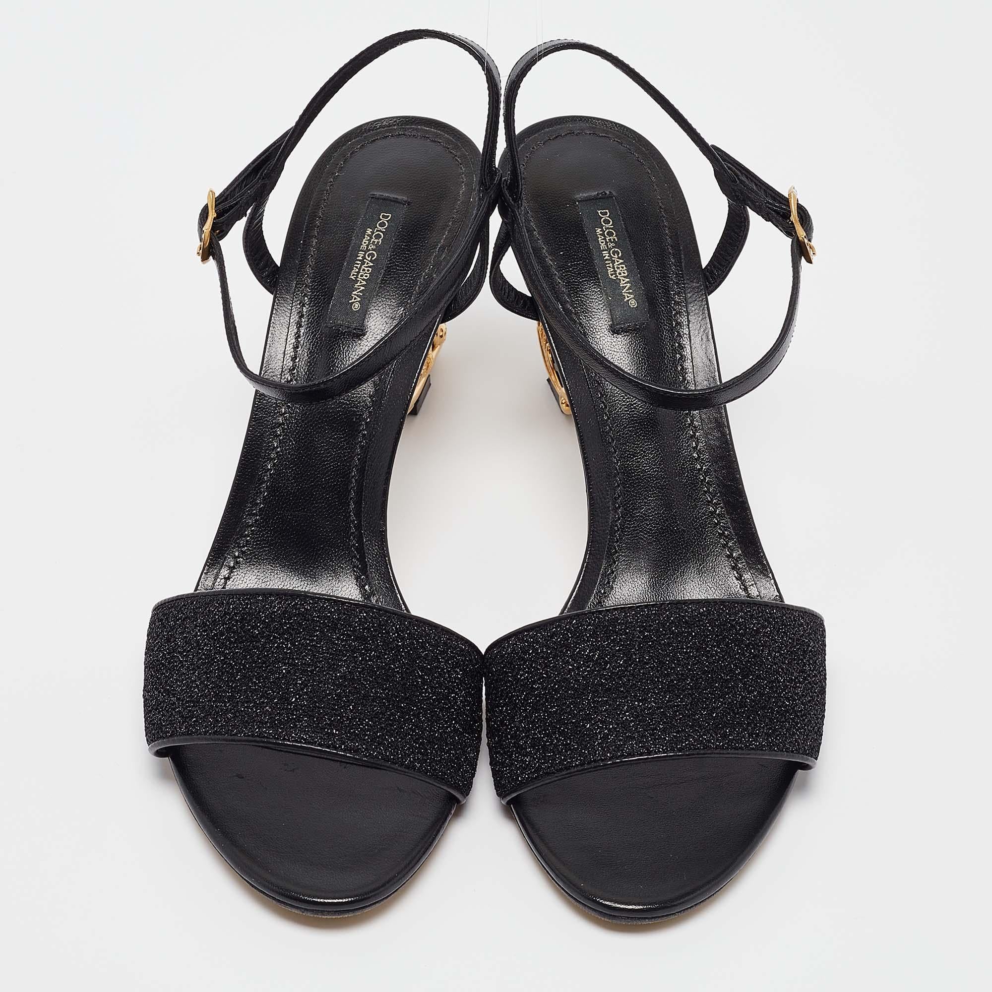 Dolce & Gabbana Black Leather and Lurex Keira DG Baroque Sandals Size 41 In Excellent Condition In Dubai, Al Qouz 2