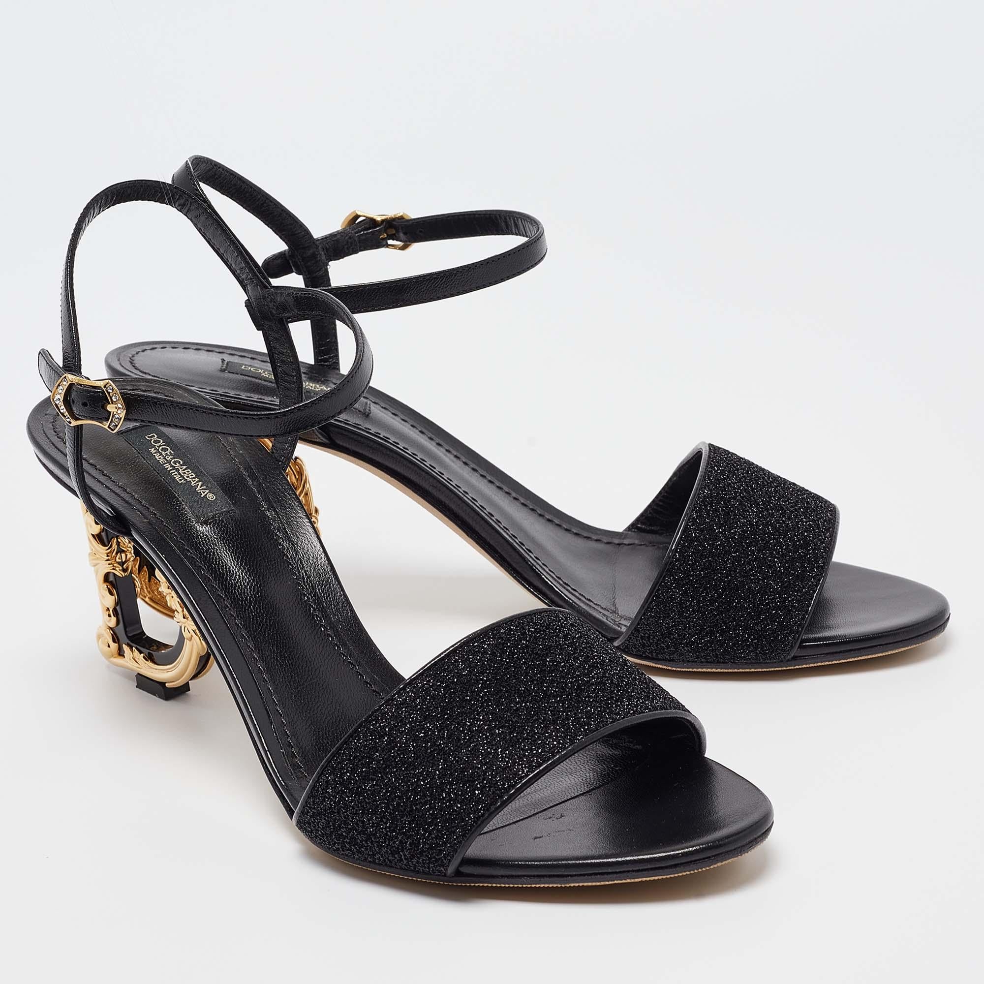 Women's Dolce & Gabbana Black Leather and Lurex Keira DG Baroque Sandals Size 41
