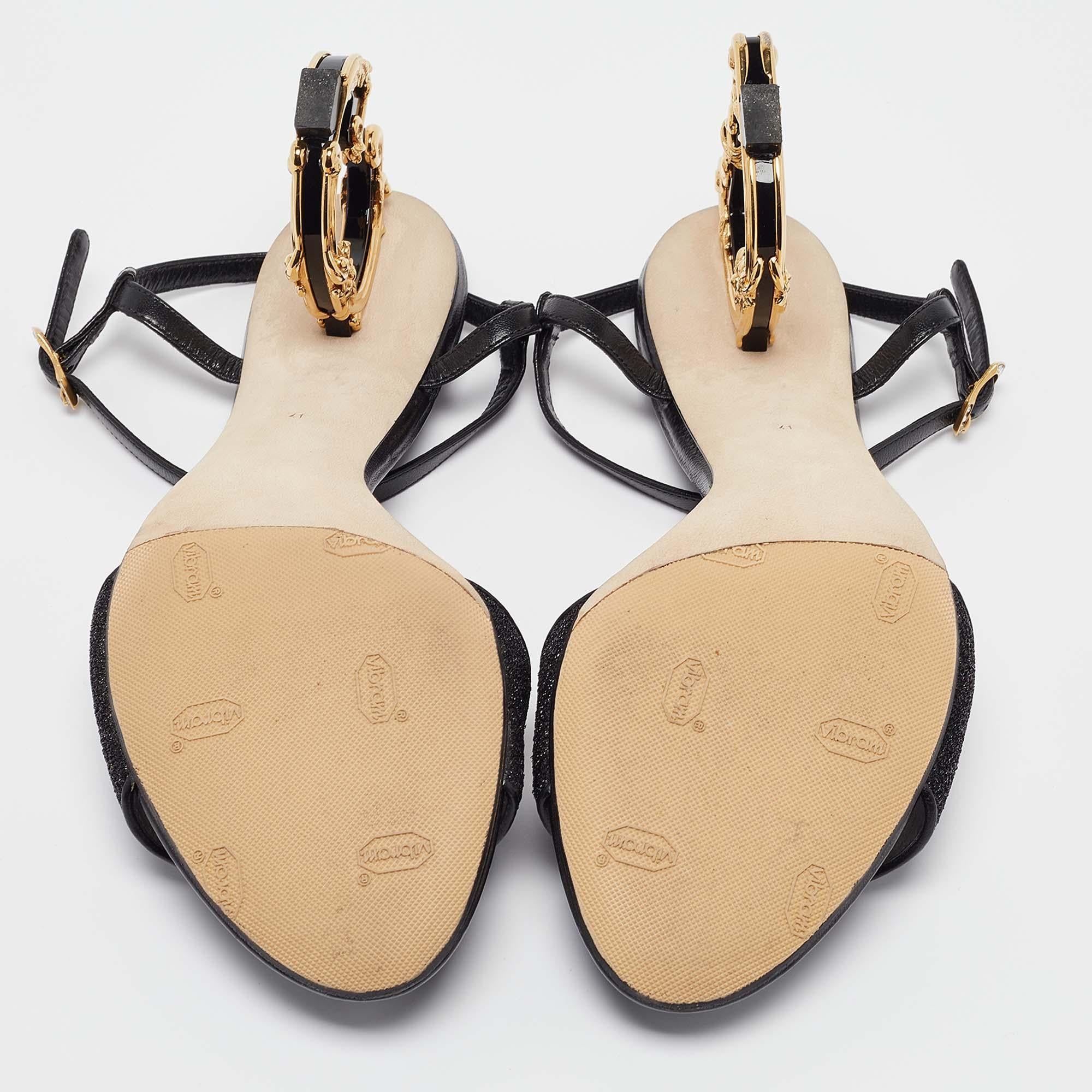 Dolce & Gabbana Black Leather and Lurex Keira DG Baroque Sandals Size 41 3