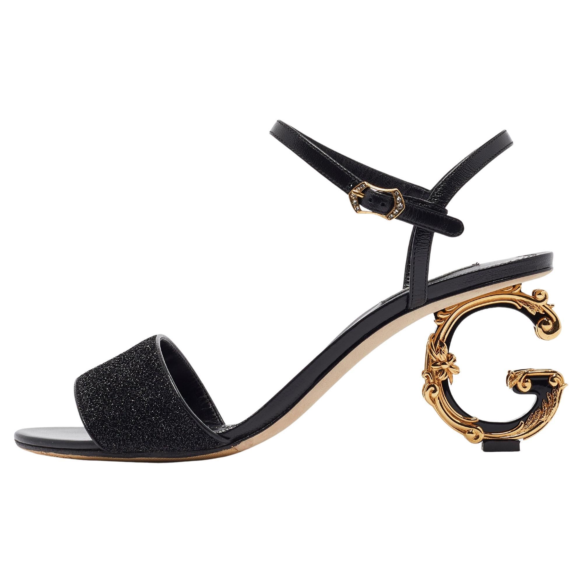 Dolce & Gabbana Black Leather and Lurex Keira DG Baroque Sandals Size 41