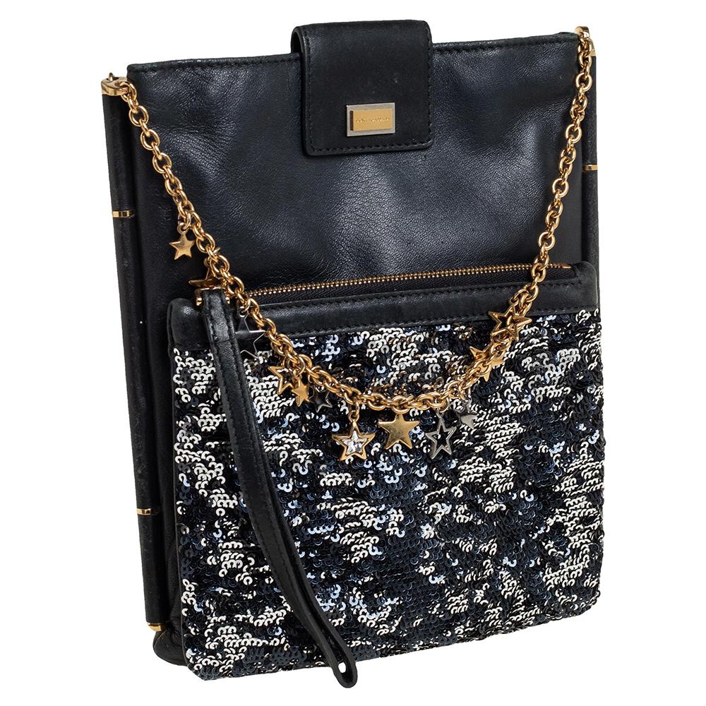 Women's Dolce & Gabbana Black Leather and Sequins iPad Crossbody Bag