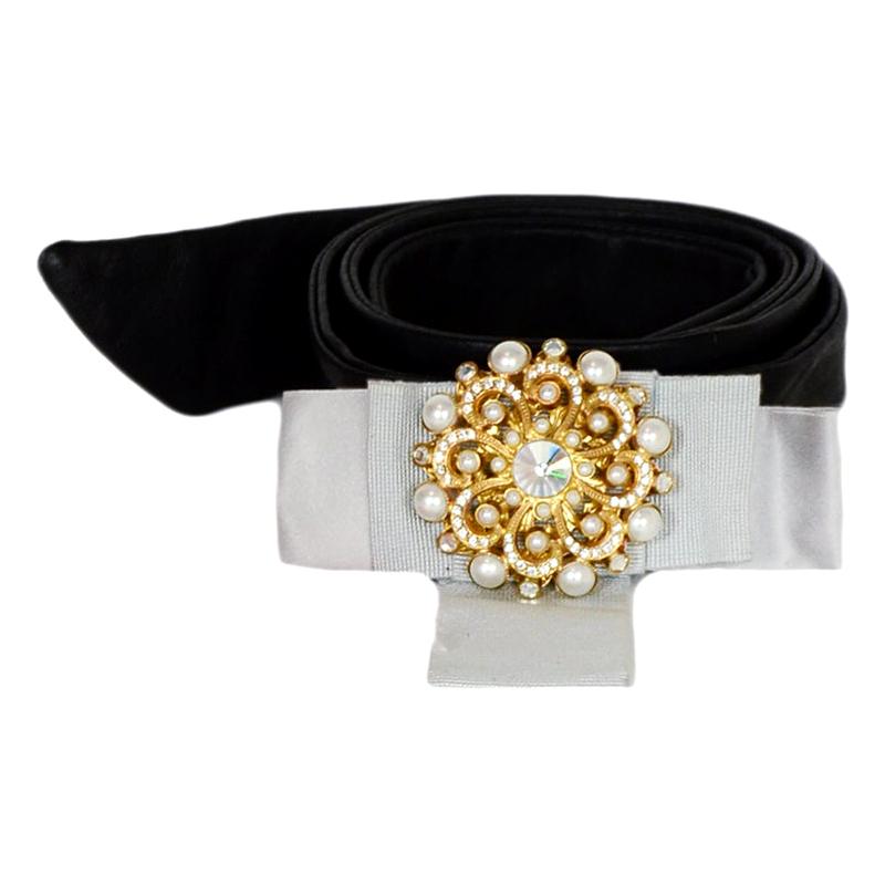 Dolce & Gabbana Black Leather Belt w/ & Faux Pearl Embellishment sz S