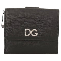 Dolce & Gabbana Black Leather Bifold Wallet Purse With DG Logo Crystals Italy
