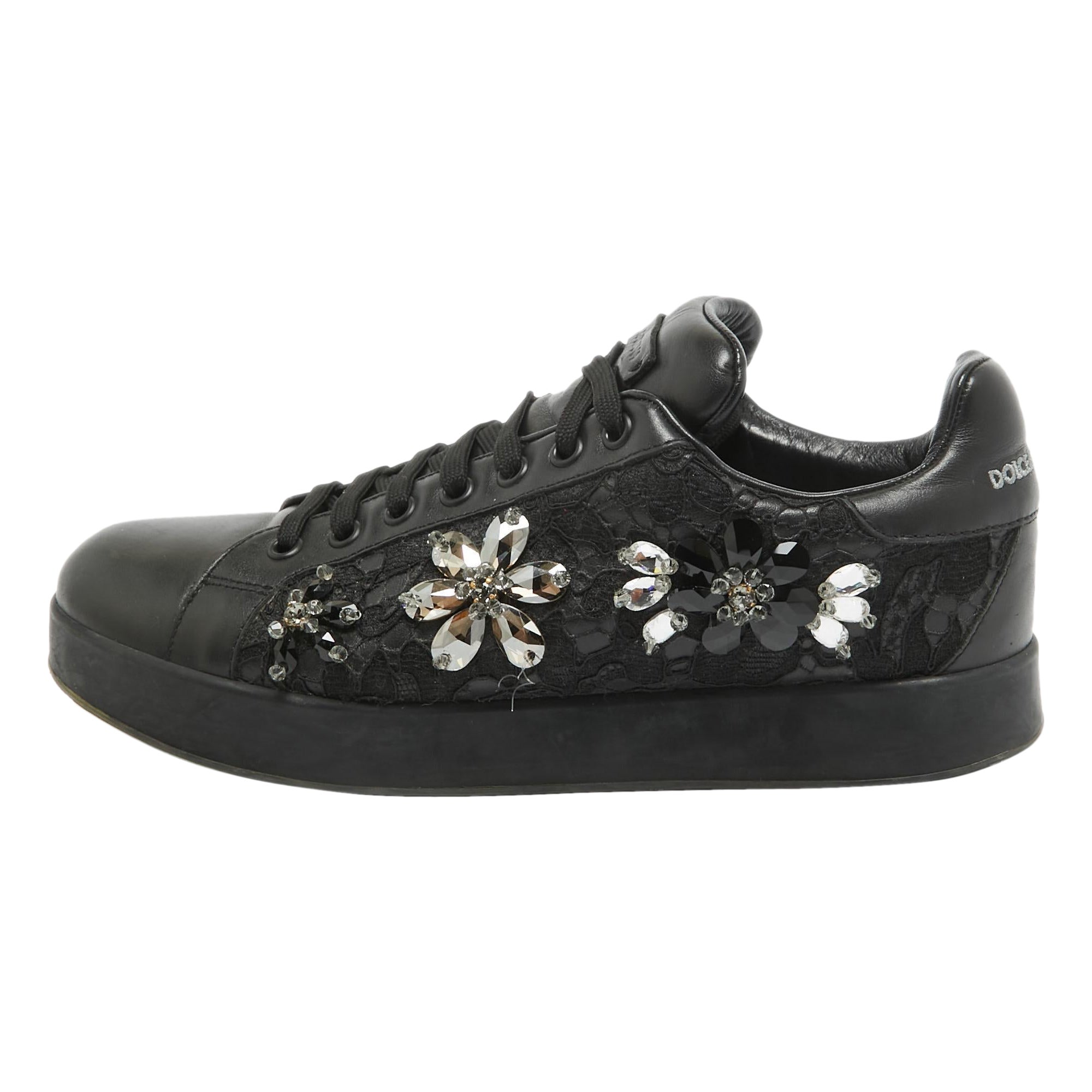 Dolce 
Gabbana Black Leather Crystal Embellished Low Top Sneakers Size 39