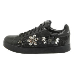 Dolce & Gabbana Black Leather Crystal Embellished Low Top Sneakers Size 39