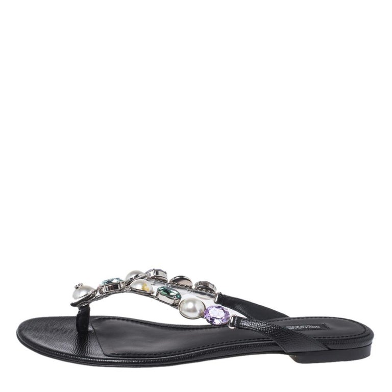 Dolce & Gabbana Black Leather Crystal Ankle Strap Sandals Shoes main image 0
