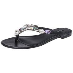 Dolce & Gabbana Black Leather Crystal Embellished Thong Flat Sandals Size 38