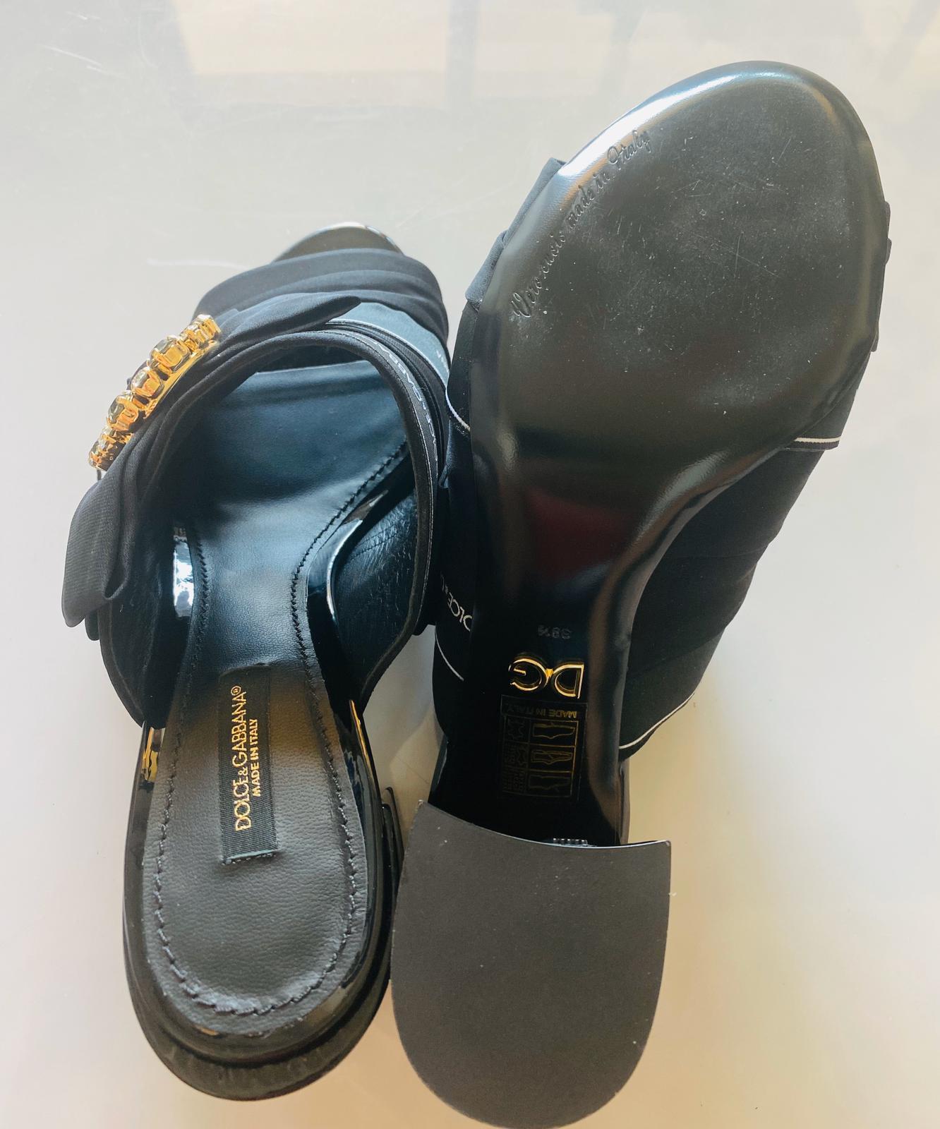 Dolce & Gabbana Black Leather Crystals Slip On Sandals Shoes Slides Heels DG For Sale 1
