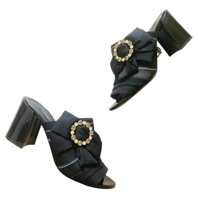 Dolce & Gabbana Black Leather Crystals Slip On Sandals Shoes Slides Heels DG For Sale