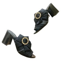 Dolce & Gabbana Black Leather Crystals Slip On Sandals Shoes Slides Heels DG