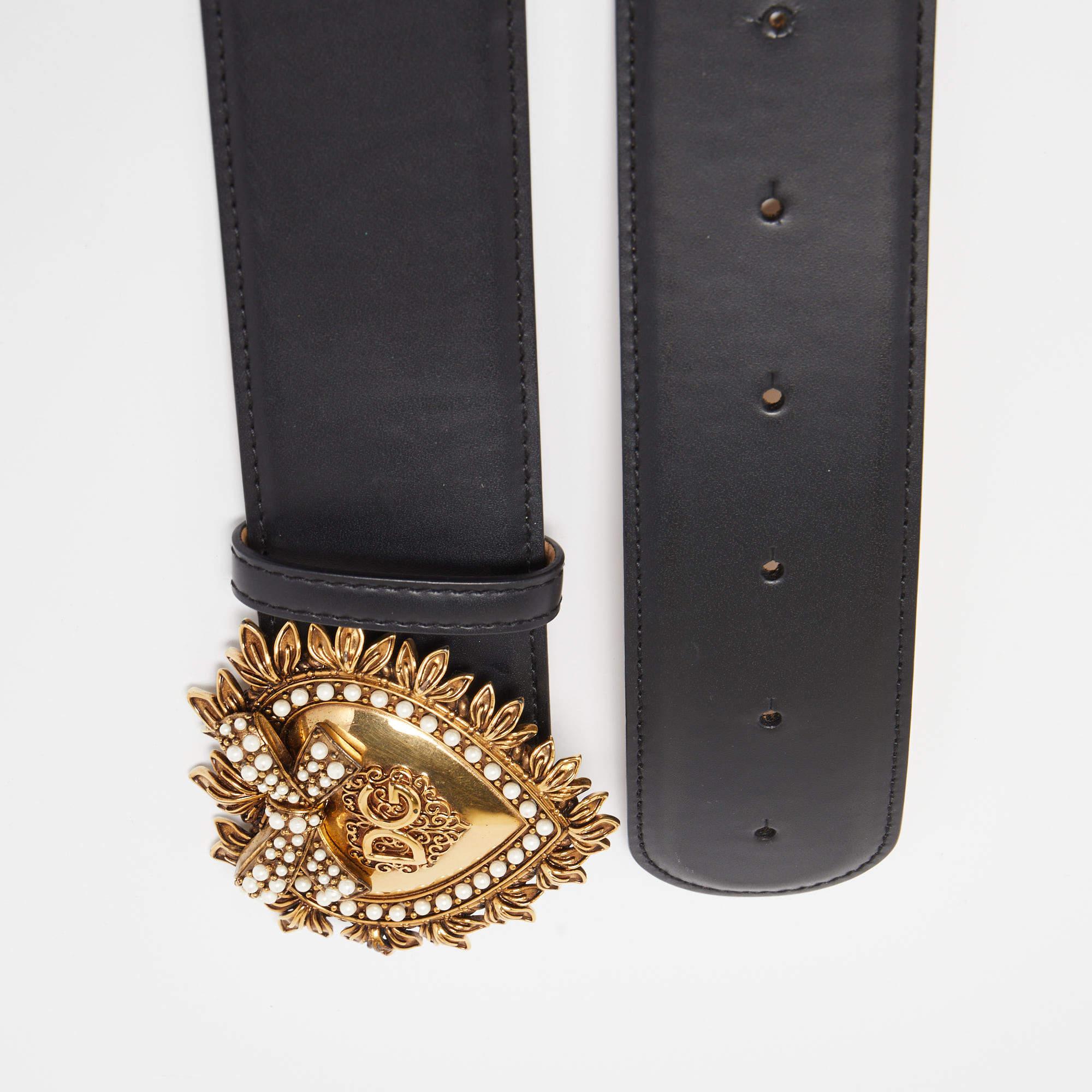 Women's Dolce & Gabbana Black Leather Devotion Heart Buckle Belt 85CM