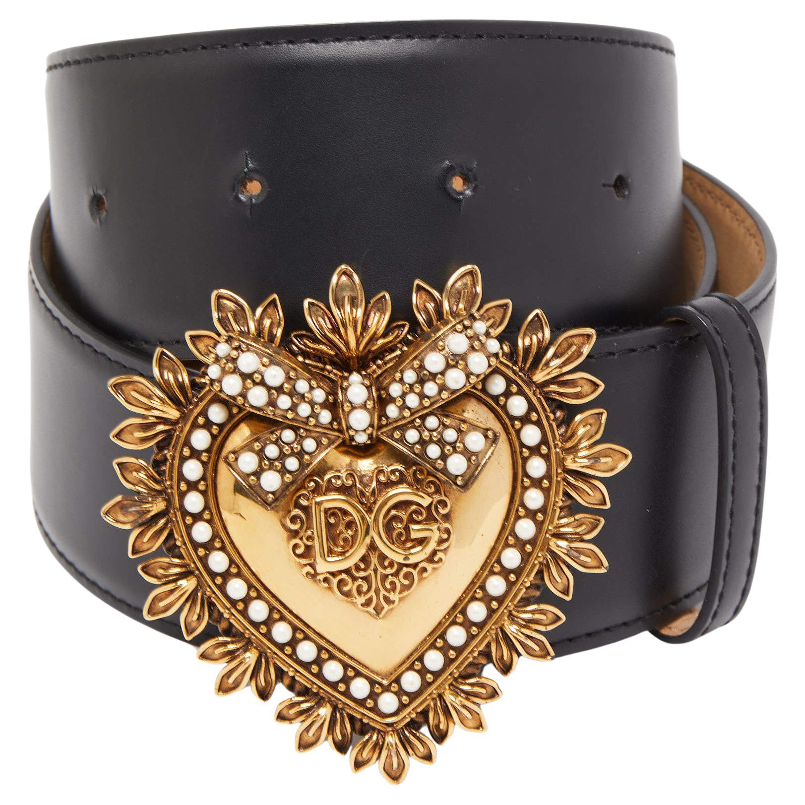 Dolce & Gabbana Black Leather Devotion Heart Buckle Belt 85CM