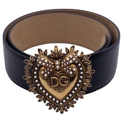 Dolce & Gabbana Black Leather Devotion Heart Buckle Belt Size 90/36
