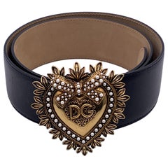 Dolce & Gabbana Black Leather Devotion Heart Buckle Belt Size 90/36
