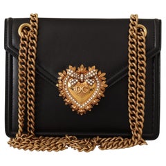 Dolce & Gabbana Black Leather Devotion Heart Handbag Shoulder Clutch Phone Bag 