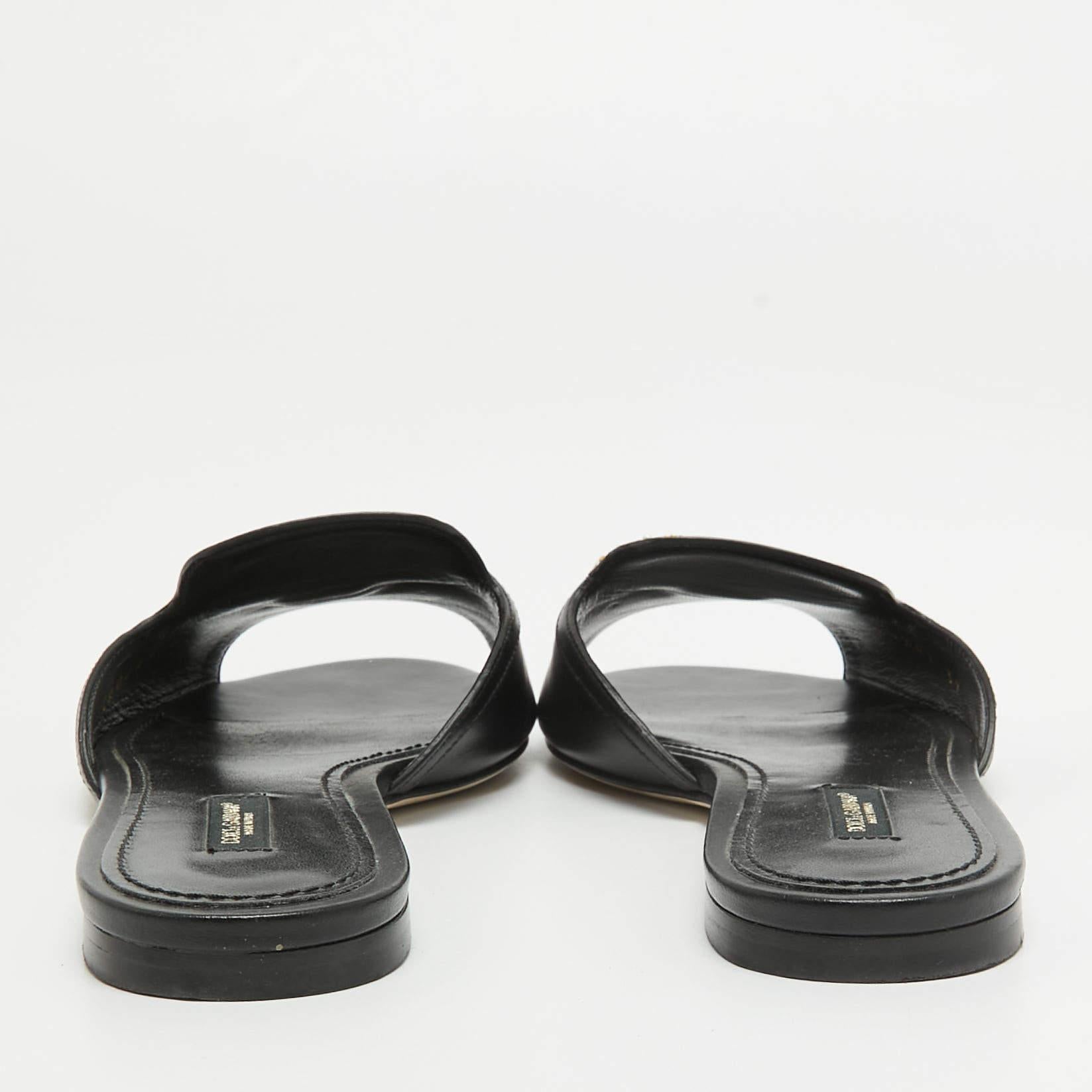 Women's Dolce & Gabbana Black Leather DG Amore Flat Slides Size 37