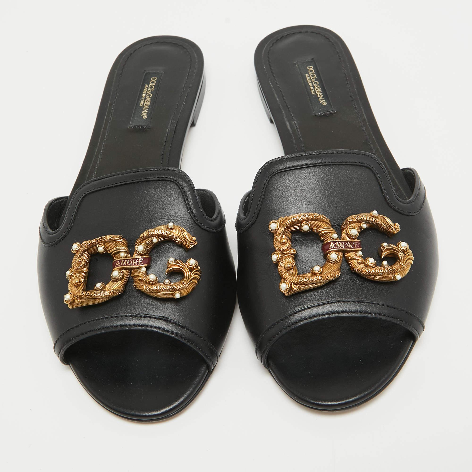 Dolce & Gabbana Black Leather DG Amore Flat Slides Size 37 1