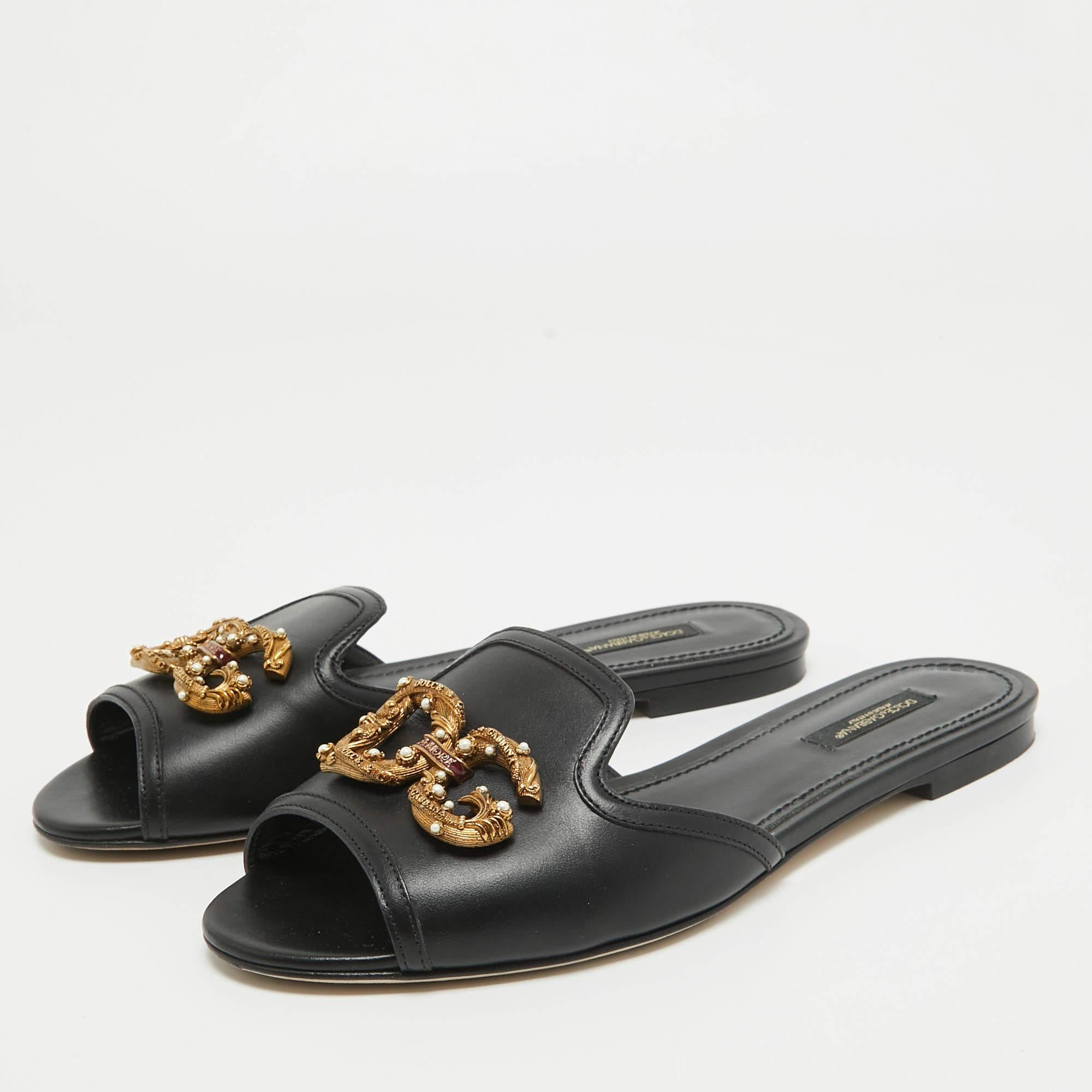 Dolce & Gabbana Black Leather DG Amore Flat Slides Size 37 2
