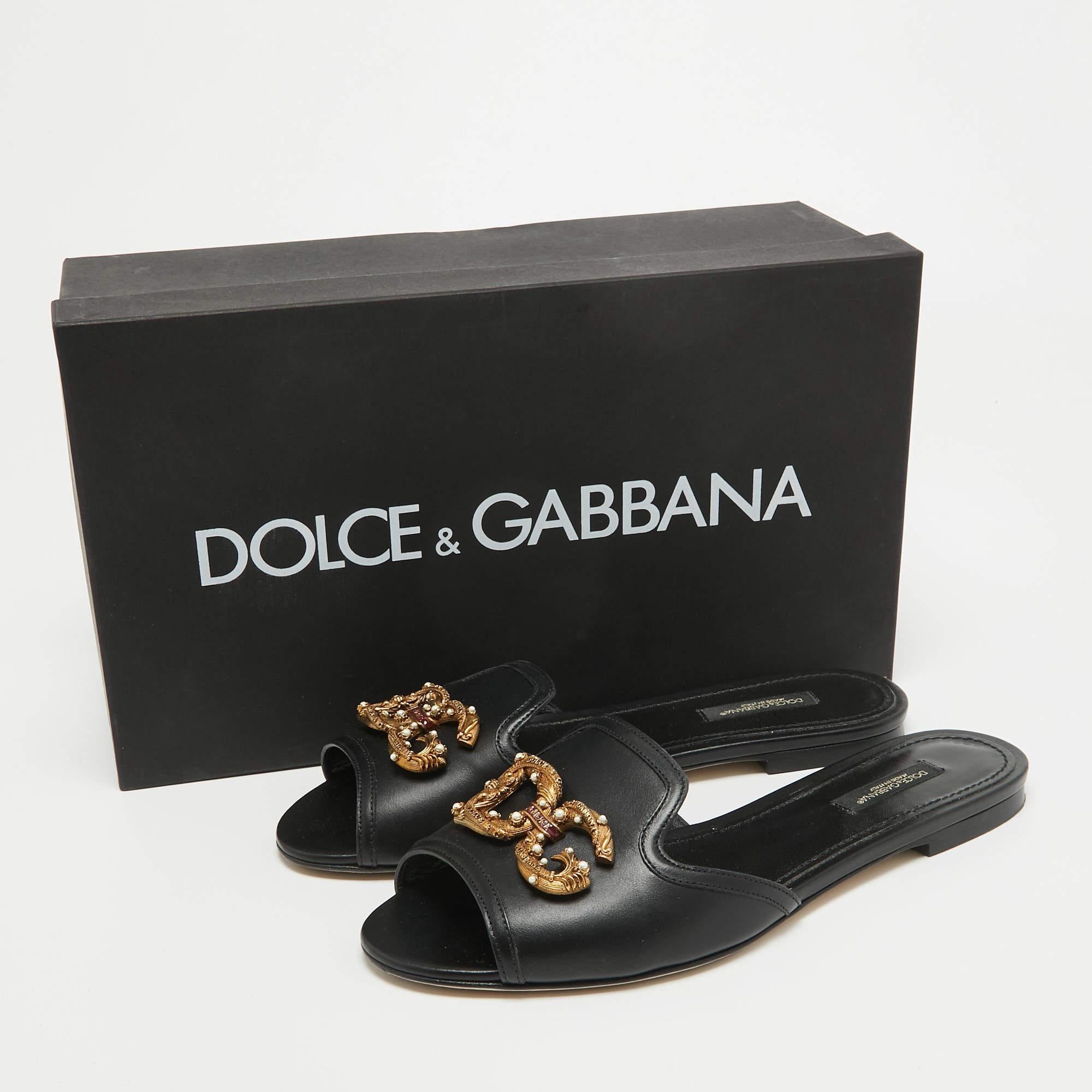 Dolce & Gabbana Black Leather DG Amore Flat Slides Size 37 5
