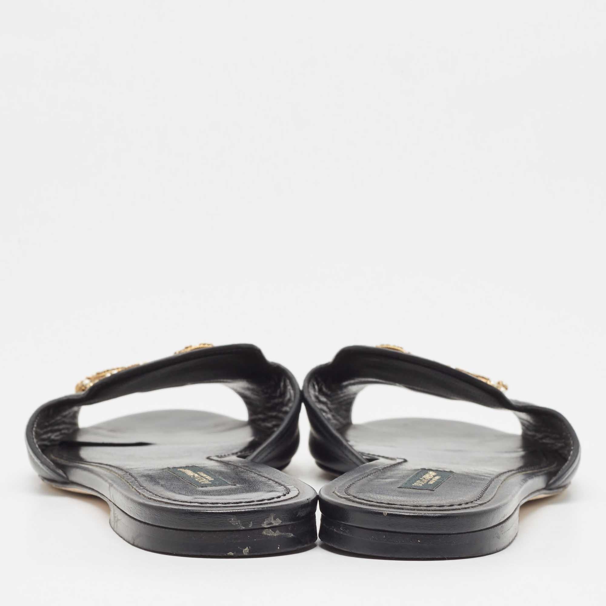 Dolce & Gabbana Black Leather  DG Amore Flat Slides Size 39 1