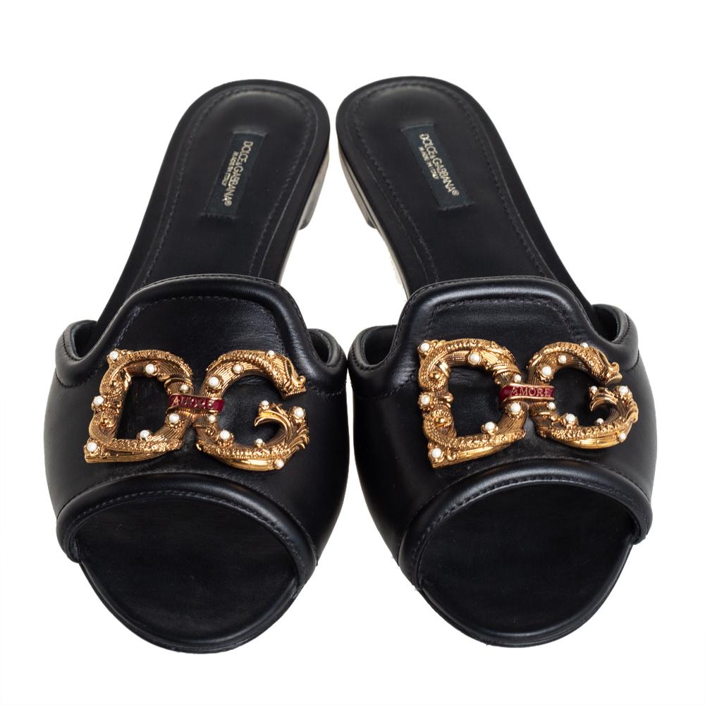 Dolce Gabbana Black Leather DG Amore Logo Embellished Flat Slides Size 38.5