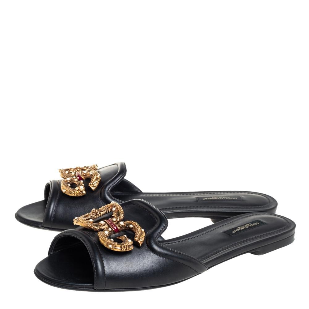 Dolce and Gabbana Black Leather DG Amore Logo Embellished Flat
